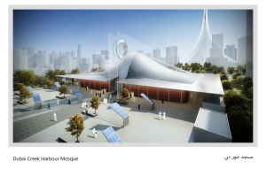 A conceptual model of a contemporary architectural design for Dubai Creek Mosque, emerging as an iconic landmark within a multi-layered urban context, integrating modernity with religious function. 
