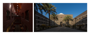 The design of the transitional space in the Al-Madinah Municipality building, illustrating the spatial gradation between the street and the mass, and the use of arcades and courtyards to provide shade and climate adaptation. 